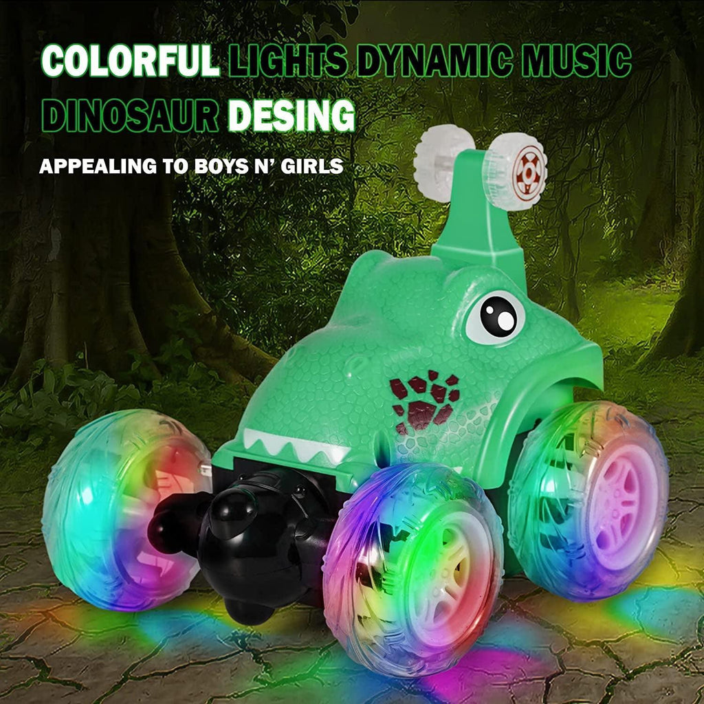 Remote Control Car, Dinosaur RC Stunt Car Invincible 360°Rolling Twister with Colorful Lights & Music Switch, Rechargeable RC Car for Toddlers, Kids, Boys and Girls(Green)