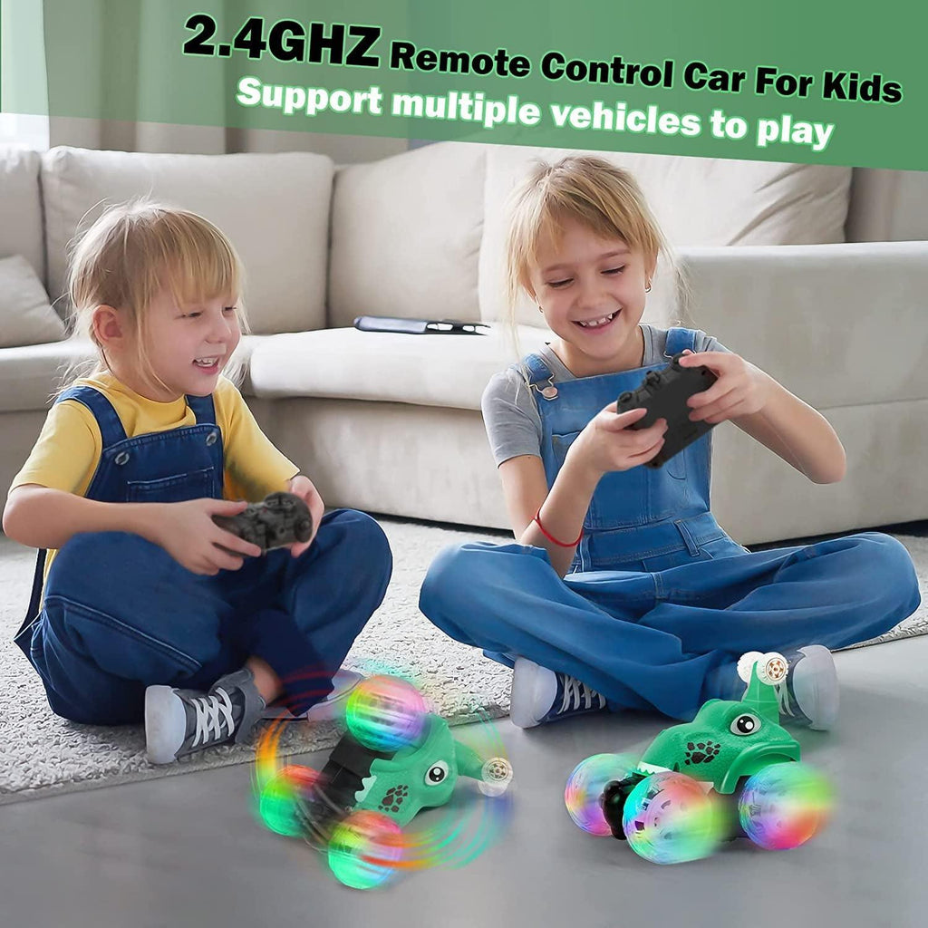 Remote Control Car, Dinosaur RC Stunt Car Invincible 360°Rolling Twister with Colorful Lights & Music Switch, Rechargeable RC Car for Toddlers, Kids, Boys and Girls(Green)