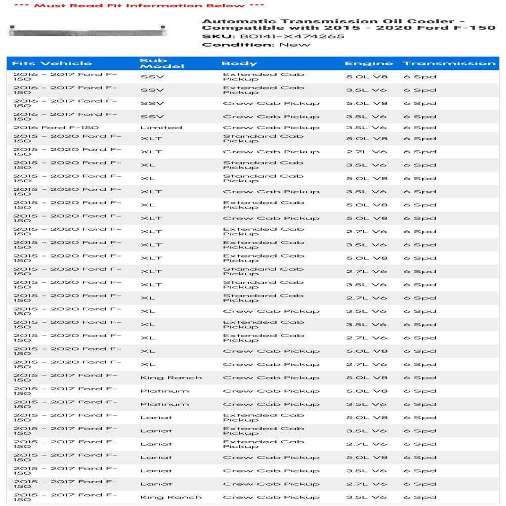 Automatic Transmission Cooler - Compatible with 2015 - 2020 Ford F-150 2016 2017 2018 2019