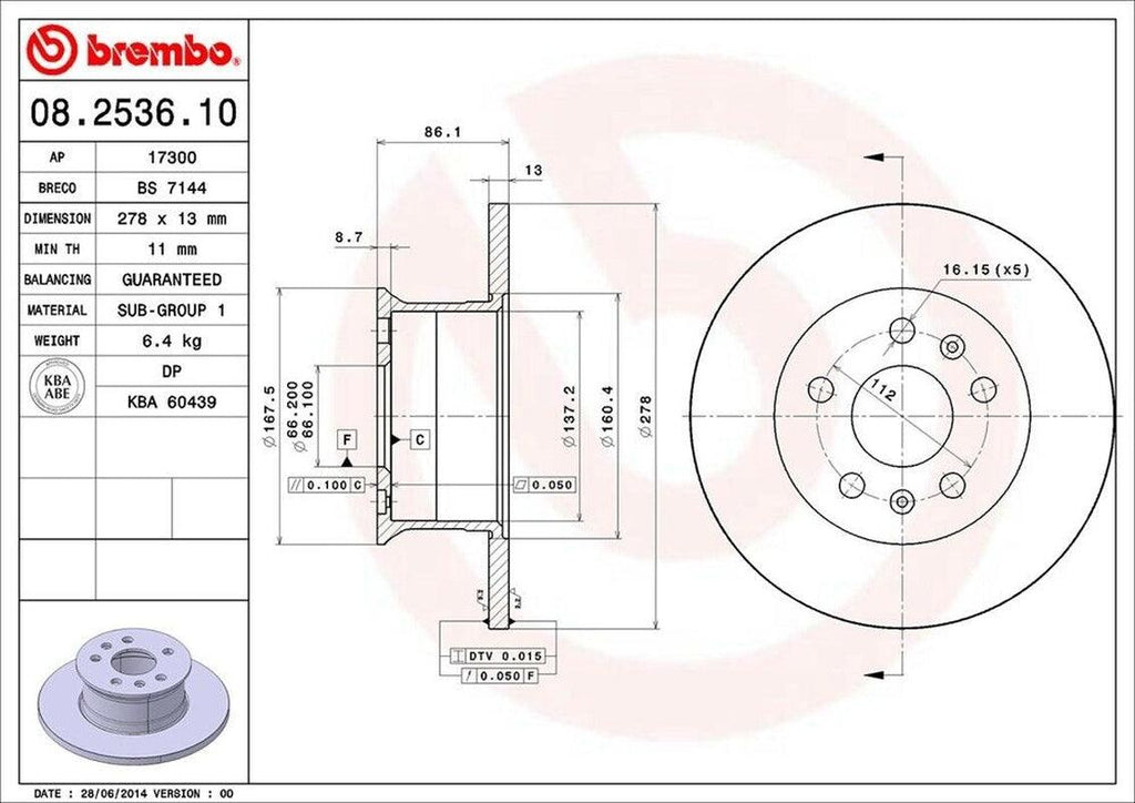 Brembo Front Disc Brake Rotor for Transporter, Campmobile (08.2536.10)