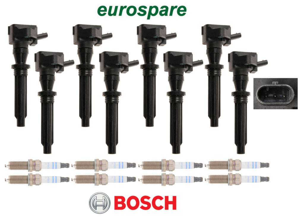 Ignition Coil Eurospare + Spark Plug Iridium Bosch OEM (8Set) for Land Rover V8