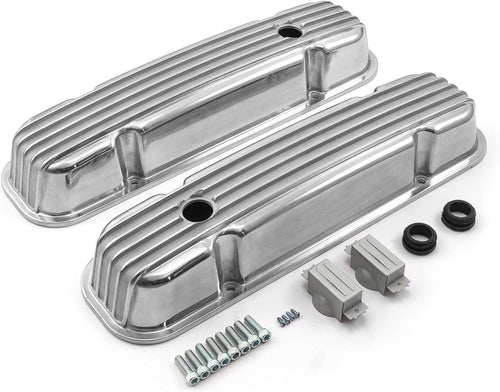 PCE314.1162 Pontiac 326 400 455 Polished Nostalgic Finned Aluminum Valve Covers W/Hole