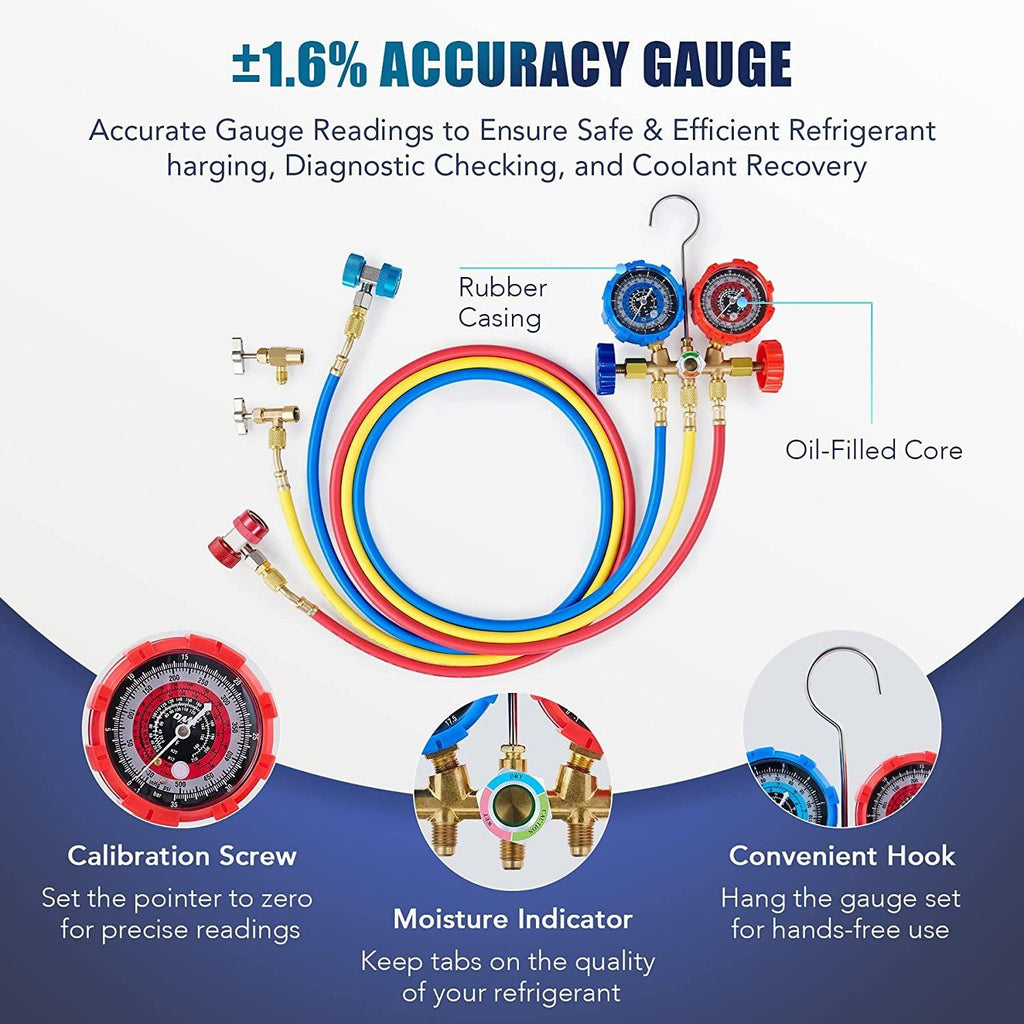 AC Gauges and Vacuum Pump, 3.5Cfm AC Vacuum Pump and Gauge Set for R134A R12 R22 R502, 3 Way AC Gauges with 3.5Cfm Vacuum Pump, with R134A Puncture and Self Sealing Can Taps, Adjustable Couplers