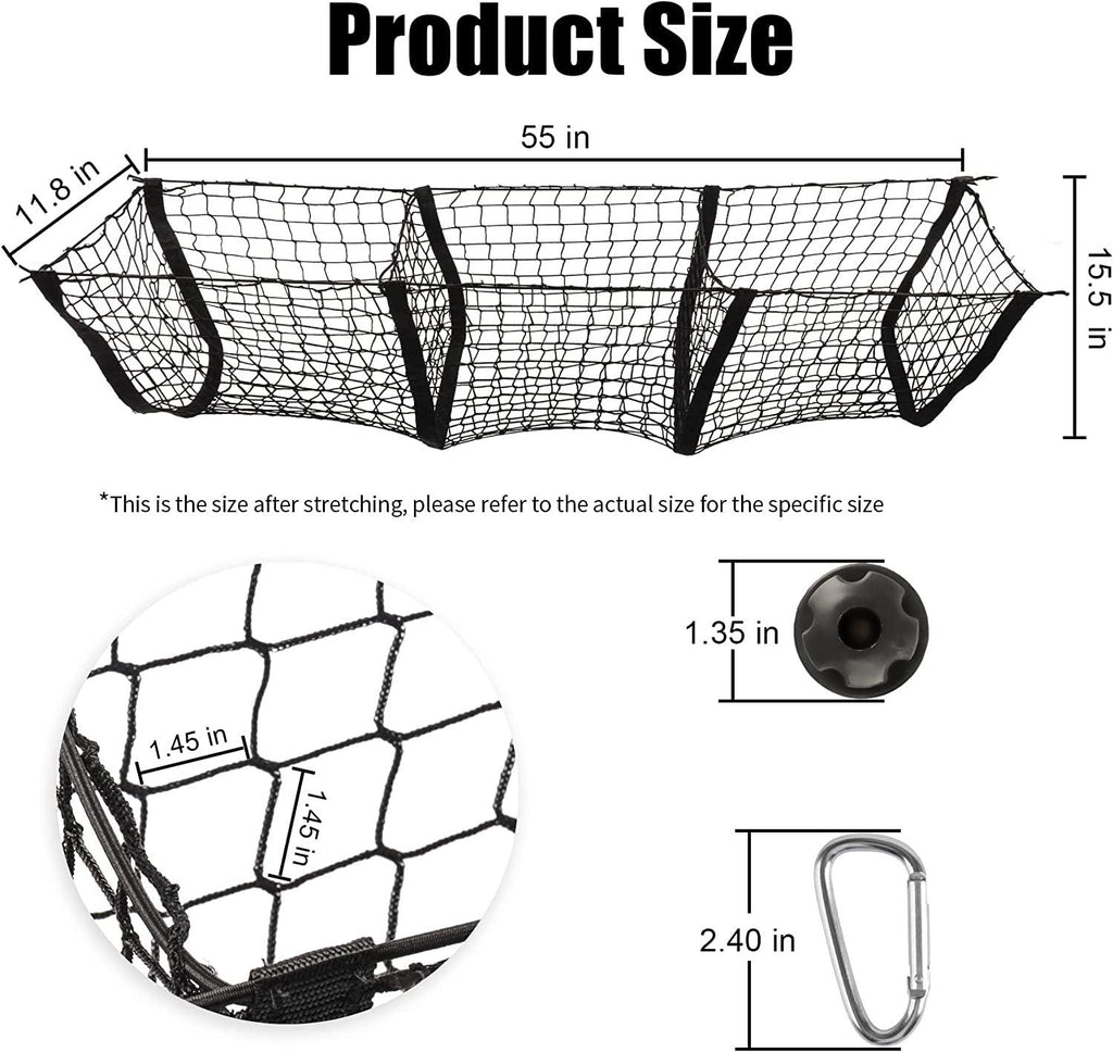 Amiss Heavy Duty Mesh Cargo Net, 3 Pocket Trunk Bed Storage Organizer Compatible for SUV, Car, Pickup Truck Bed, Etc.With 4 Metal Hooks (11.8×11.8×47.3 Inch), Black