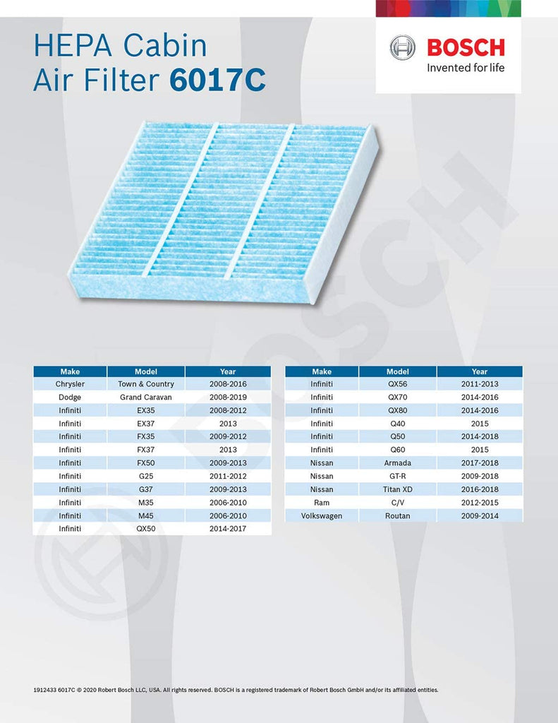 6017C HEPA Cabin Air Filter - Compatible with Select Chrysler Town & Country, Dodge Grand Caravan, Infiniti EX, FX, G, M, Q, QX, Nissan Armada, GT-R, Titan, Ram C/V, Volkswagen Routan + More