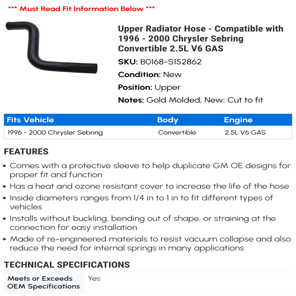 Upper Radiator Hose - Compatible with 1996 - 2000 Chrysler Sebring Convertible 2.5L V6 GAS 1997 1998 1999