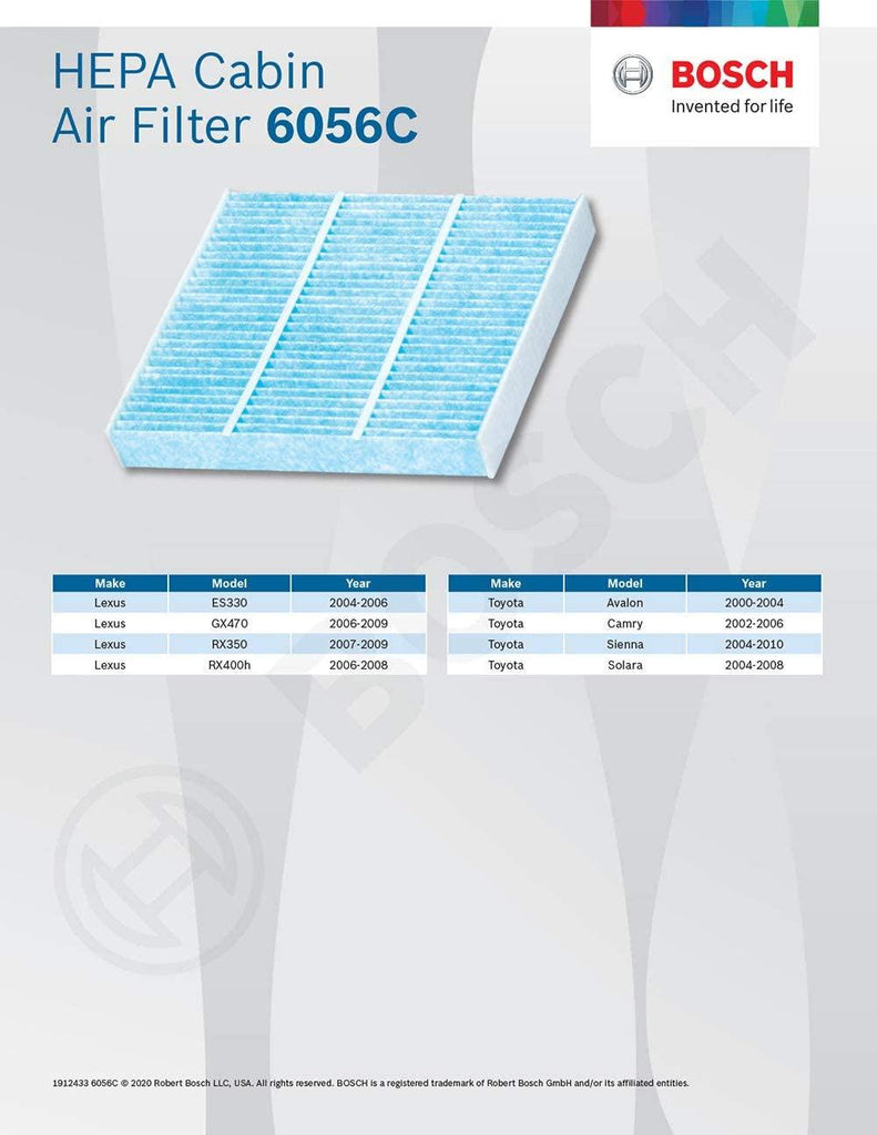 6056C HEPA Cabin Air Filter - Compatible with Select Lexus ES330, GX470, RX330, RX350, Rx400H, Toyota 4Runner, Avalon, Camry, Celica, FJ Cruiser, Prius, Sienna, Solara