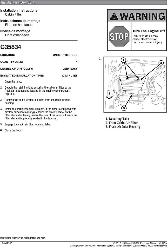C35834 one Advanced Cabin Air Filter Compatible with Select Mercedes-Benz, Freightliner and Dodge