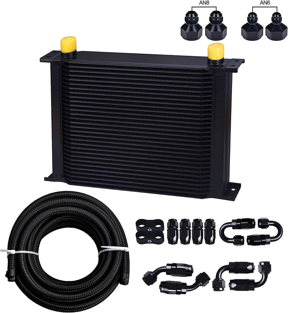 30 Row AN10-10AN Stacked Plate Oil Cooler 6AN 8AN Adapter Universal Engine Transmission Bundle with 6AN 3/8" Fuel Line Hose Fitting Kit Braided Nylon Stainless Steel Oil Gas CPE 20FT Black