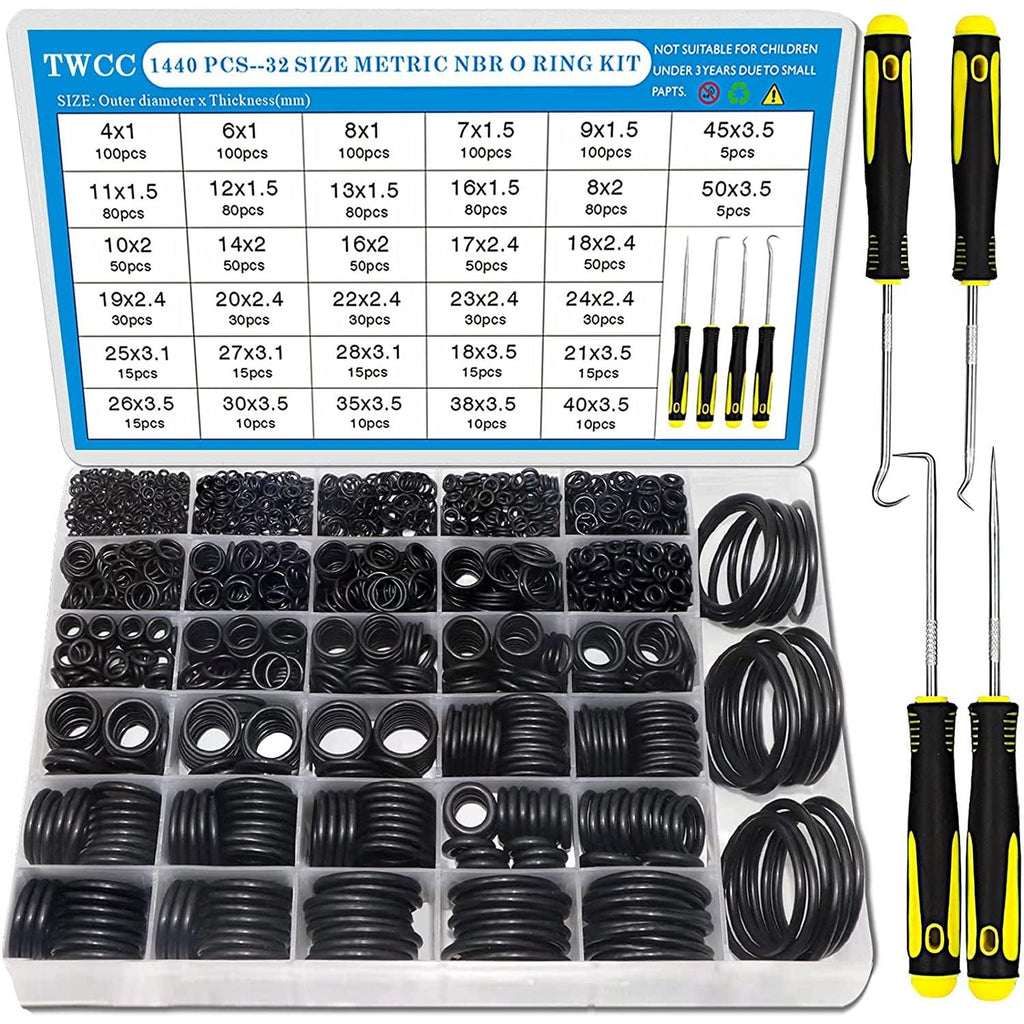 TWCC 32 Size 1440 Pcs O Rings Assortment Kits Metric Nitrile NBR Rubber Washer with Pick and Hook Set for Car Faucet Pressure Plumbing Repair,Air or Gas Sealing Connections,Od 4Mm-50Mm