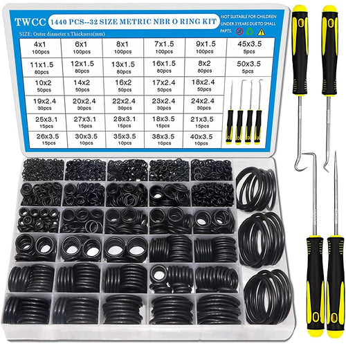 TWCC 32 Size 1440 Pcs O Rings Assortment Kits Metric Nitrile NBR Rubber Washer with Pick and Hook Set for Car Faucet Pressure Plumbing Repair,Air or Gas Sealing Connections,Od 4Mm-50Mm