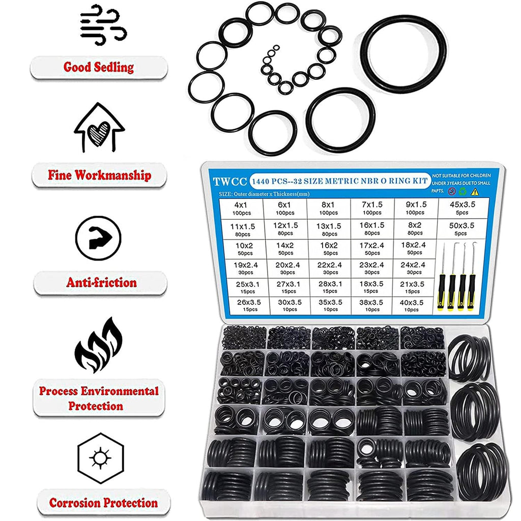 TWCC 32 Size 1440 Pcs O Rings Assortment Kits Metric Nitrile NBR Rubber Washer with Pick and Hook Set for Car Faucet Pressure Plumbing Repair,Air or Gas Sealing Connections,Od 4Mm-50Mm