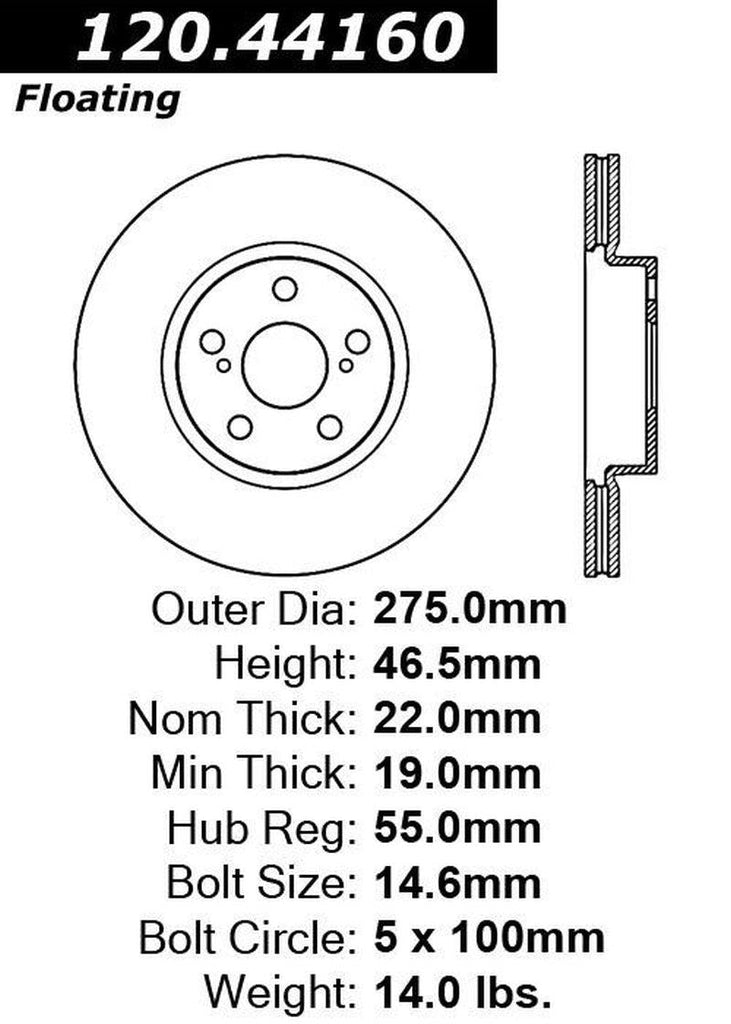 Centric Front Disc Brake Rotor for Corolla, Xd, Matrix, Vibe (120.44160)