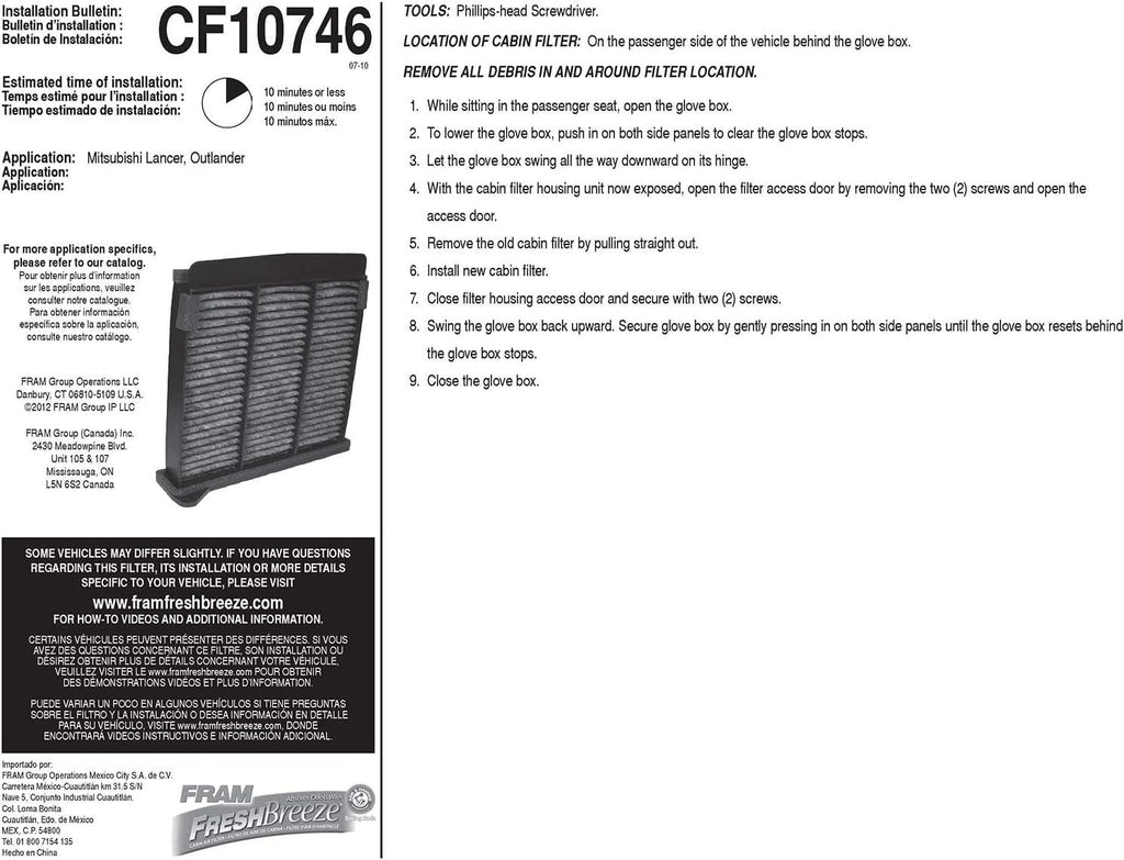 Fresh Breeze Cabin Air Filter Replacement for Car Passenger Compartment W/ Arm and Hammer Baking Soda, Easy Install, CF10746 for Mitsubishi Vehicles