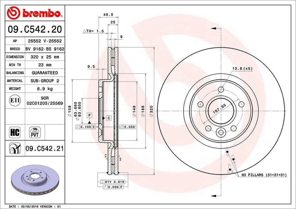Brembo Front Disc Brake Rotor for C70, S40, V50 (09.C542.21)
