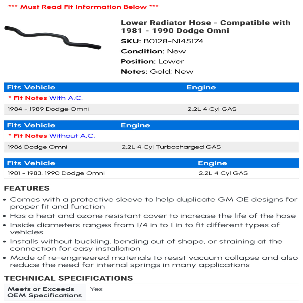 Lower Radiator Hose - Compatible with 1981 - 1990 Dodge Omni 1982 1983 1984 1985 1986 1987 1988 1989