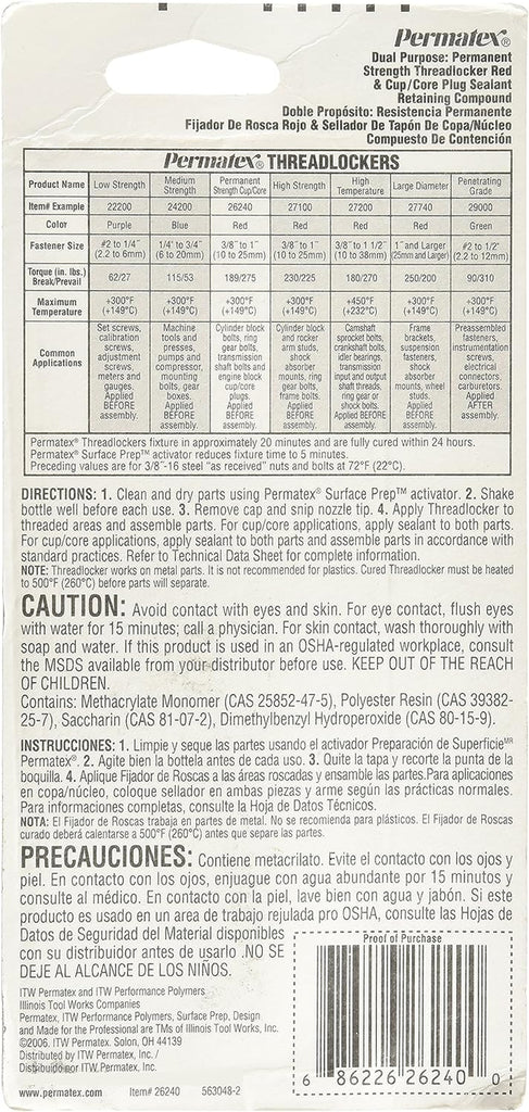 Permatex 26240 Permanent Strength Threadlocker Red, 36 Ml Bottle