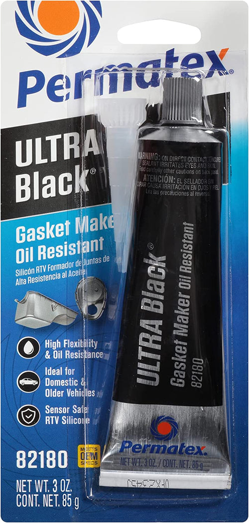 Permatex 82180 Ultra Black Maximum Oil Resistance RTV Silicone Gasket Maker, Sensor Safe and Non-Corrosive, for High Flex and Oil Resistant Applications 3 Oz