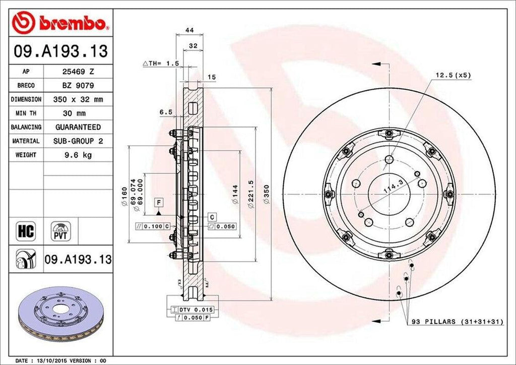 Brembo Front Disc Brake Rotor for 08-11 Lancer (09.A193.13)