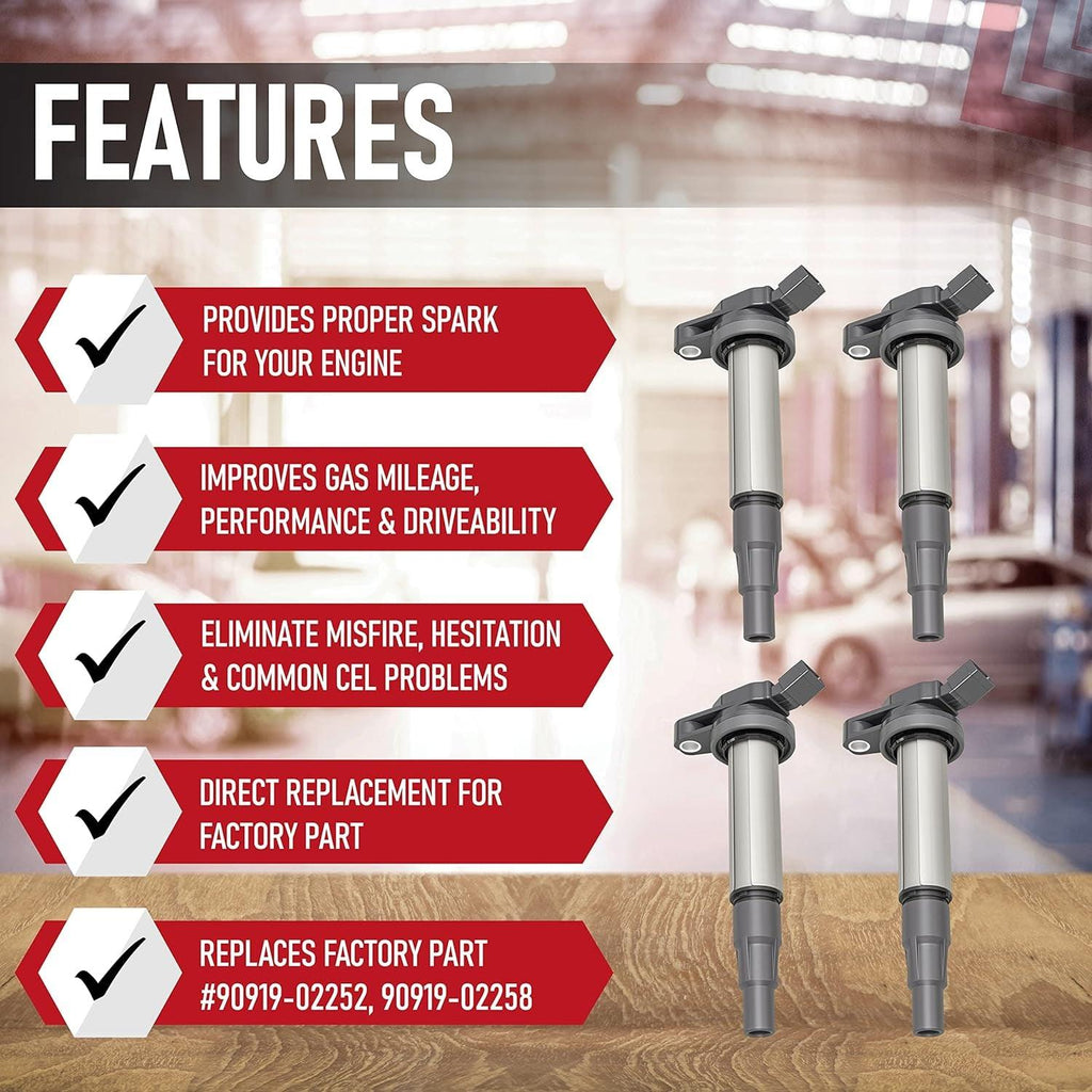 Replacement Ignition Coil Pack Set of 4 - Compatible with Toyota, Lexus, Scion - 1.8L L4 Corolla, Matrix, Prius, V, Plug-In, Vibe, Xd, Ct200H - Replaces 90919-02252, 90919-02258, UF596, UF619, C1714