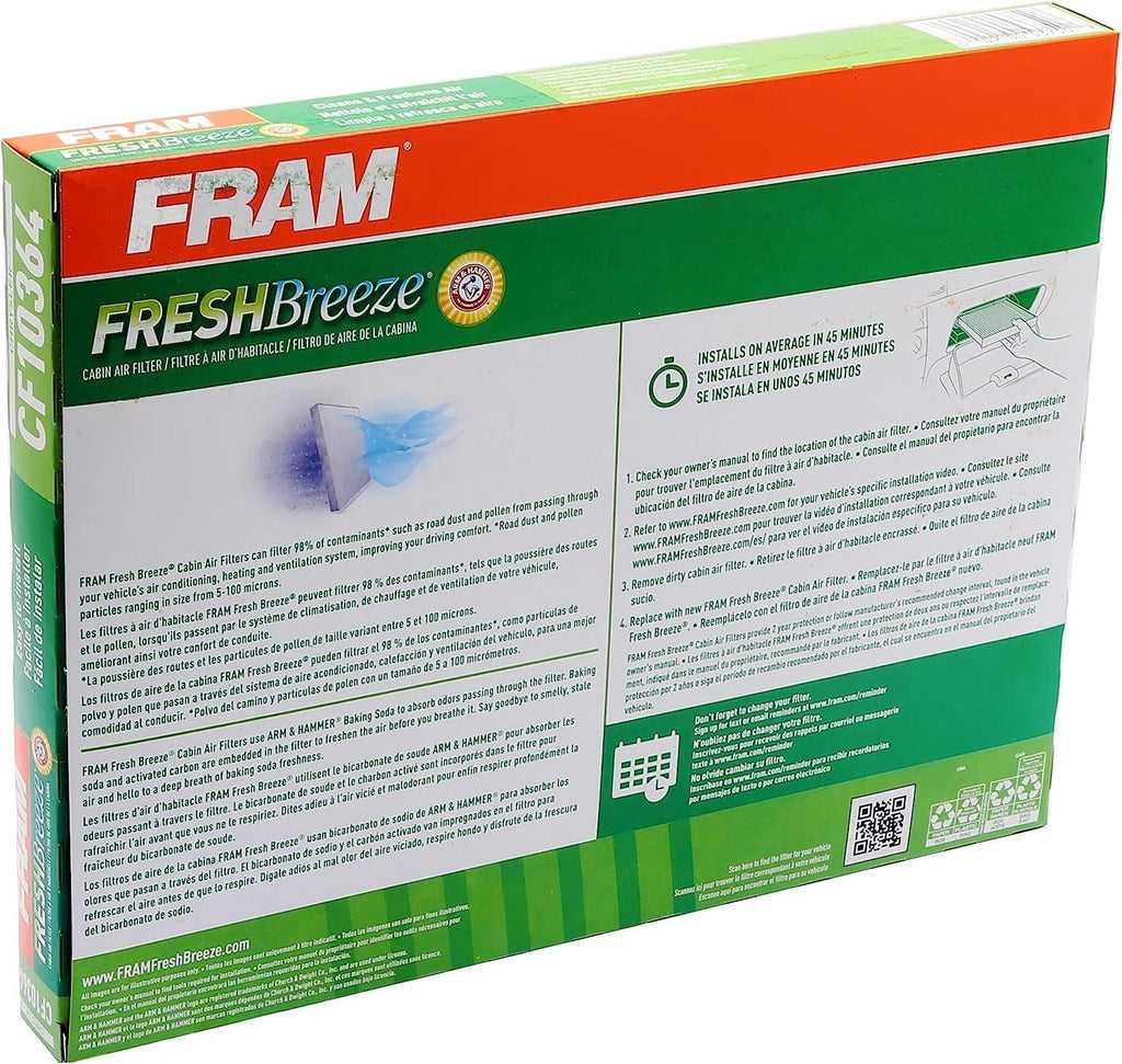 Fresh Breeze Cabin Air Filter Replacement for Car Passenger Compartment W/ Arm and Hammer Baking Soda, Easy Install, CF10364 for Select Chrysler and Dodge Vehicles