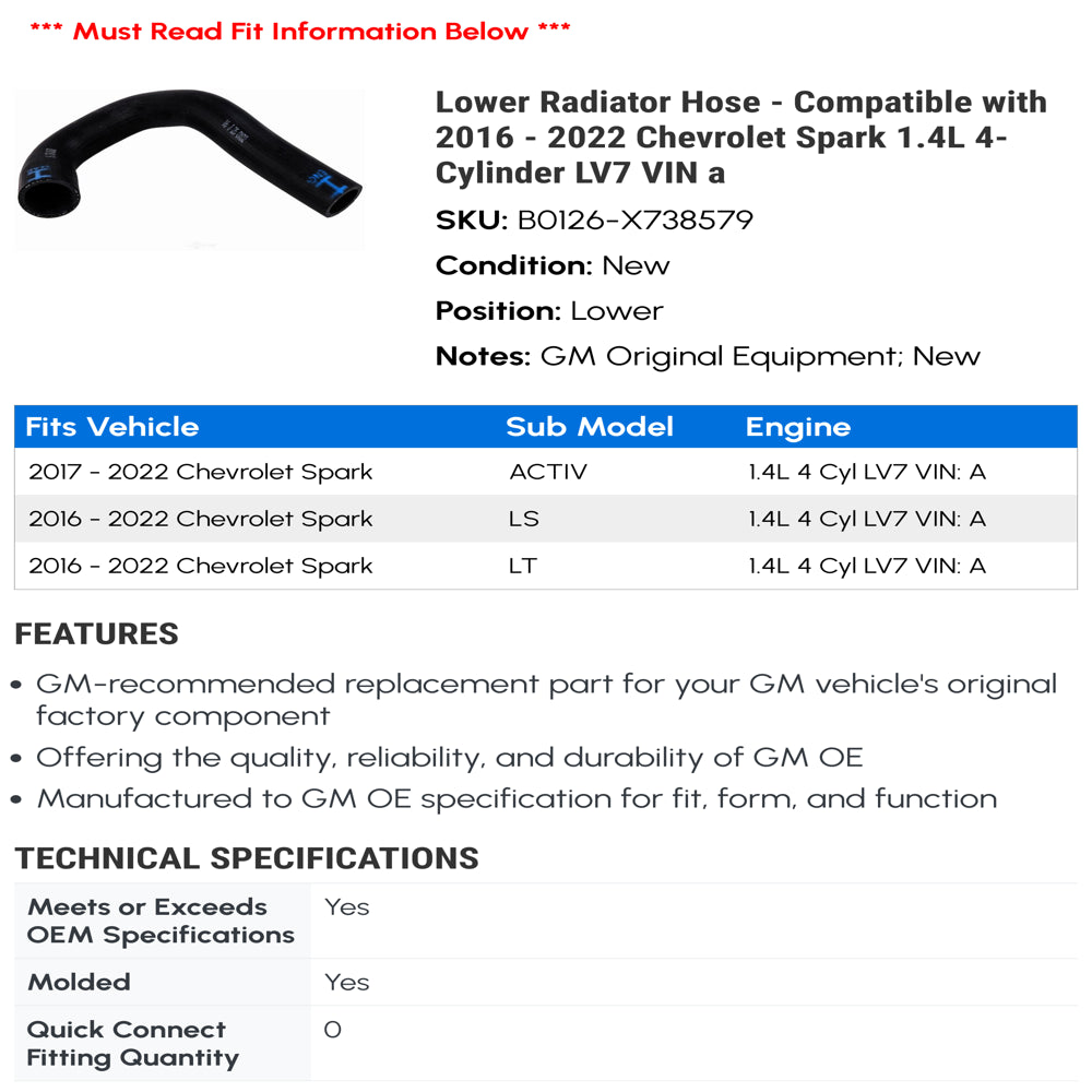 Lower Radiator Hose - Compatible with 2016 - 2022 Chevy Spark 1.4L 4-Cylinder LV7 VIN a 2017 2018 2019 2020 2021