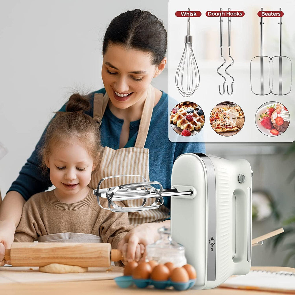 5-Speed​ Electric Hand Mixer with Snap-On Storage Case, Egg Beater, Cake Whisk, 250-Watt-White