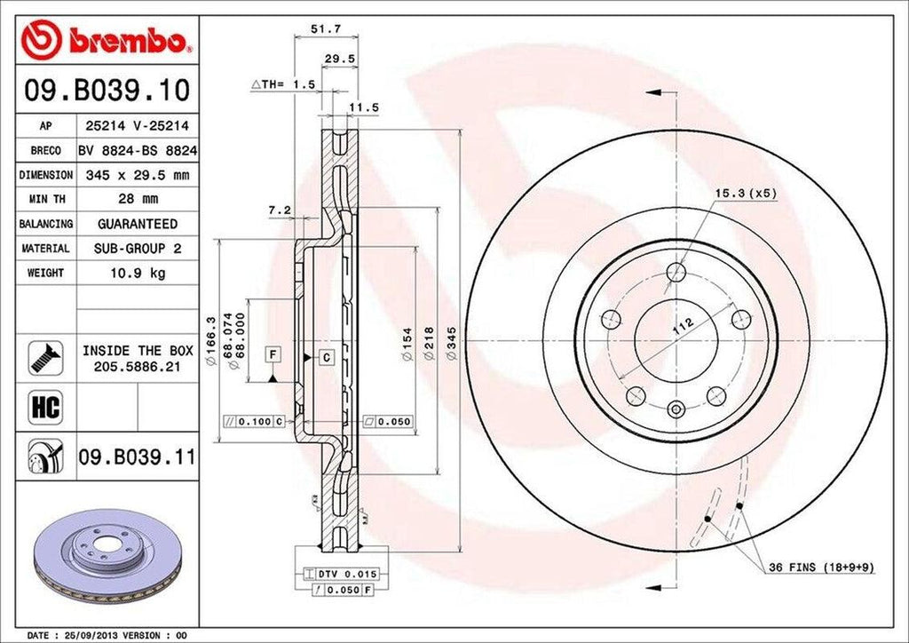 Brembo Front Disc Brake Rotor for Audi (09.B039.11)