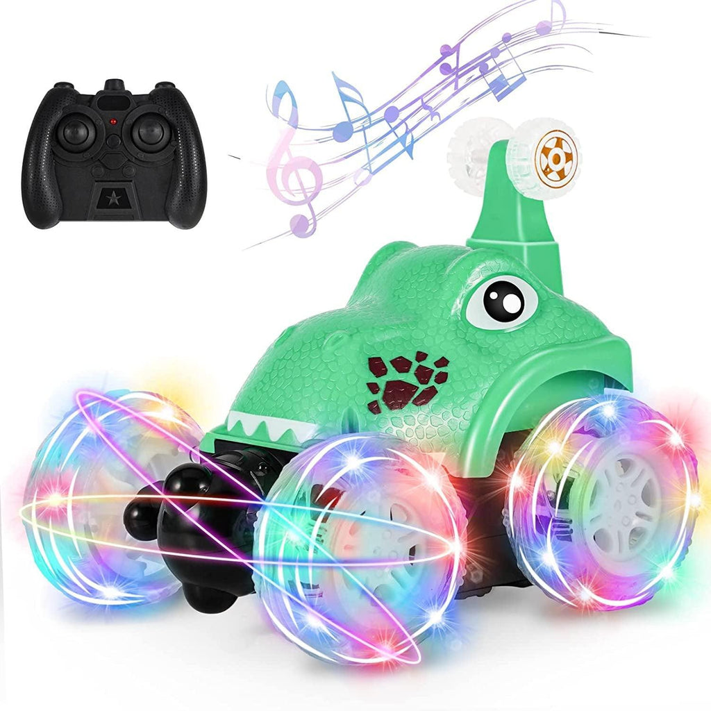 Remote Control Car, Dinosaur RC Stunt Car Invincible 360°Rolling Twister with Colorful Lights & Music Switch, Rechargeable RC Car for Toddlers, Kids, Boys and Girls(Green)