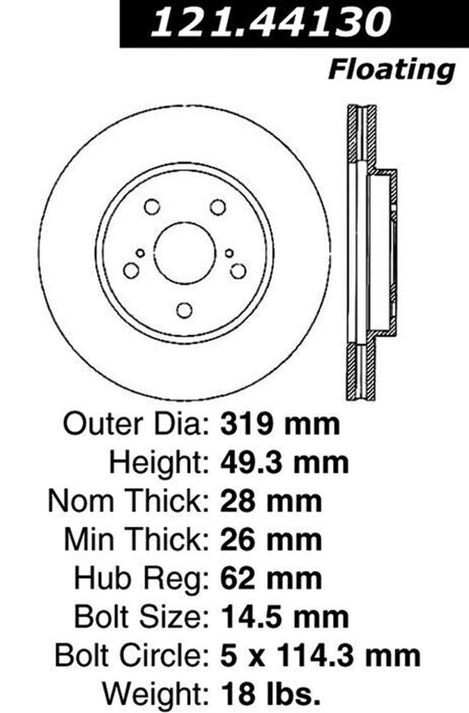 Centric Front Disc Brake Rotor for RX350, Rx400H, Highlander, RX330 (121.44130)