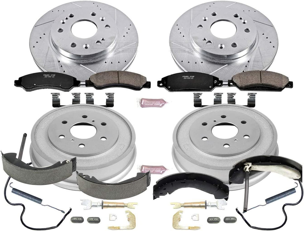 K15237DK Front and Rear Z23 Carbon Fiber Brake Pads with Drilled & Slotted Brake Drums Kit