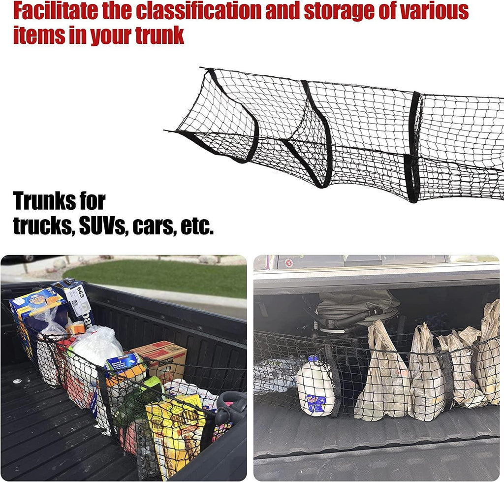 Amiss Heavy Duty Mesh Cargo Net, 3 Pocket Trunk Bed Storage Organizer Compatible for SUV, Car, Pickup Truck Bed, Etc.With 4 Metal Hooks (11.8×11.8×47.3 Inch), Black
