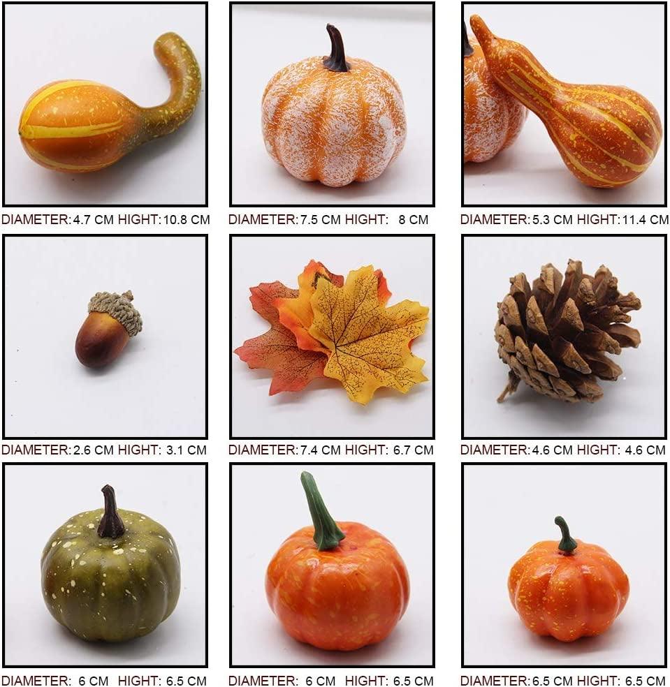 Winemana Thanksgiving Artificial Pumpkins Fall Decorations for Home, 50Pcs Fall Decor- 30 Fall Leaves, 10 Acorns, 2 Pinecones, 8 Fake Pumpkins, Harvest Farmhouse Table Tiered Tray Decorations Set