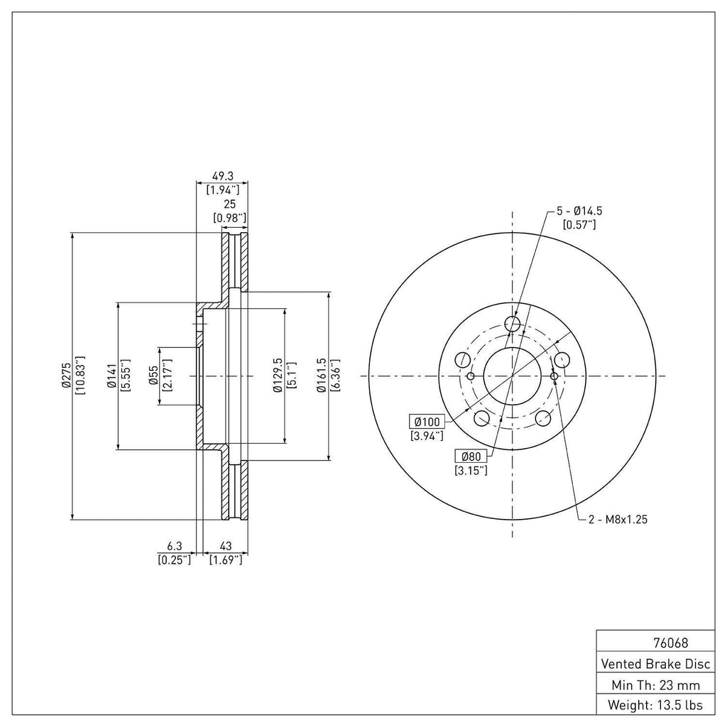 Front Disc Brake Rotor for Tc, Vibe, Corolla, Matrix, Celica (604-76068)