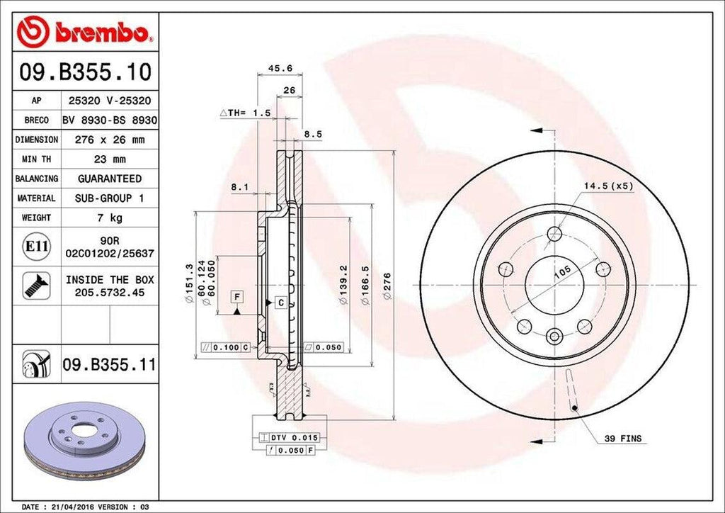 Brembo Front Disc Brake Rotor for Chevrolet (09.B355.11)