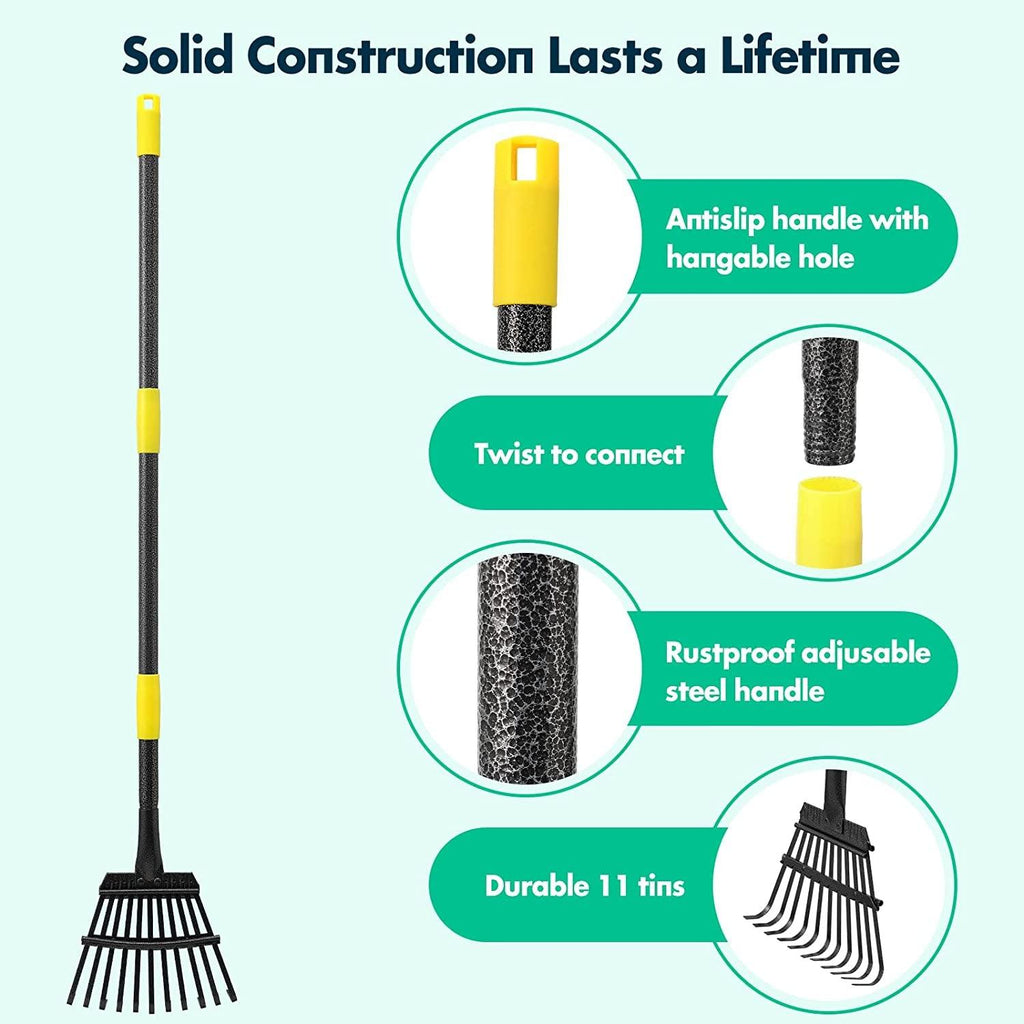 Garden Rake,60 Inch Heavy Duty Small Rake 11 Metal Tines -8.5 Inch Wide, Adjustable Steel Handle,Garden Leaf Rake for Collecting Debris among Flower Beds, Delicate Plants, Lawns ,Yards