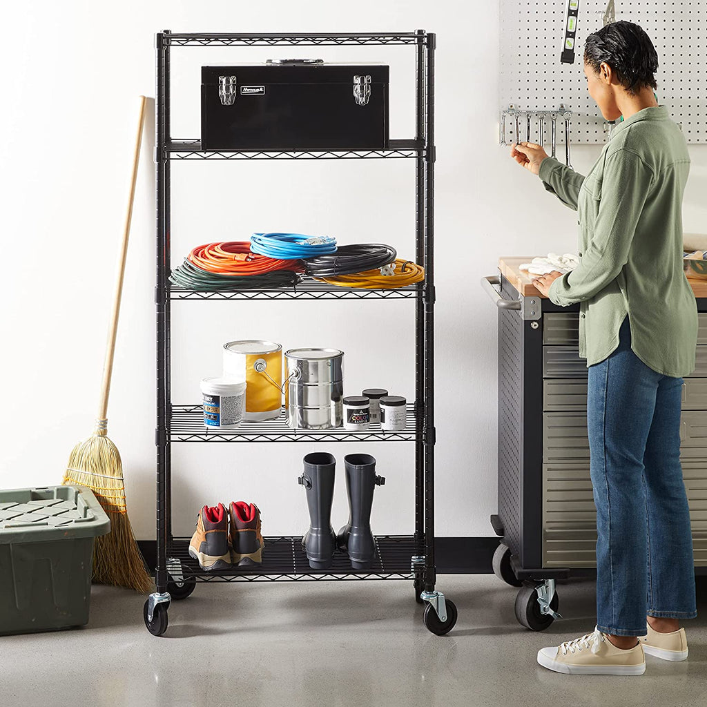 Amazon Basics 5-Shelf Medium Adjustable, Heavy Duty Storage Shelving Unit on 4'' Wheel Casters, Metal Organizer Wire Rack, Black, 30" L X 14" W X 64.75" H