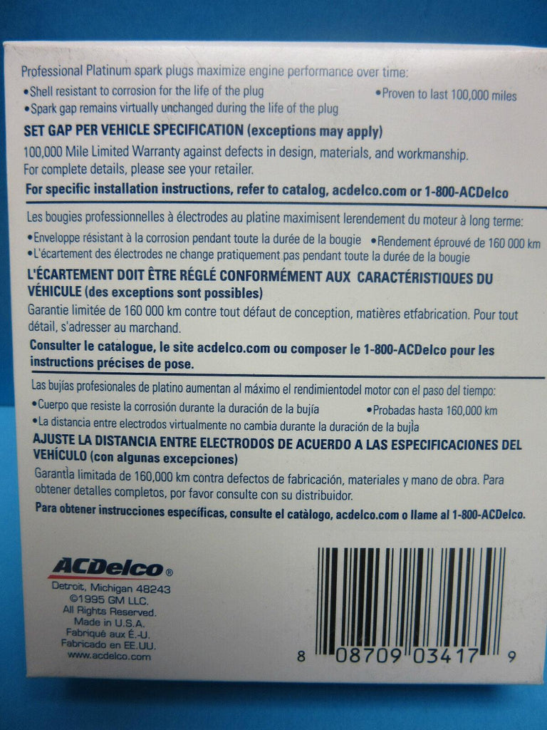 8 Spark Plugs Genuine GM ACDELCO 41962 OEM # 19299585 Double Platinum V8
