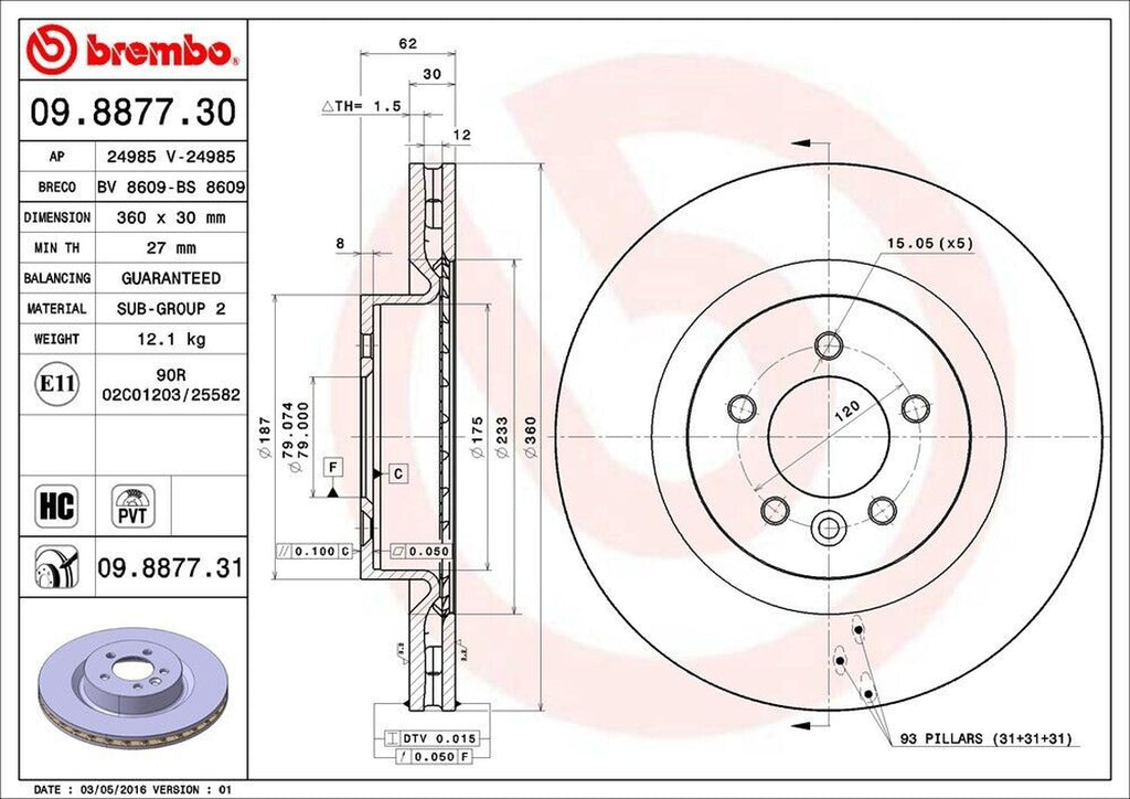 Brembo Front Disc Brake Rotor for LR4, Range Rover Sport (09.8877.31)