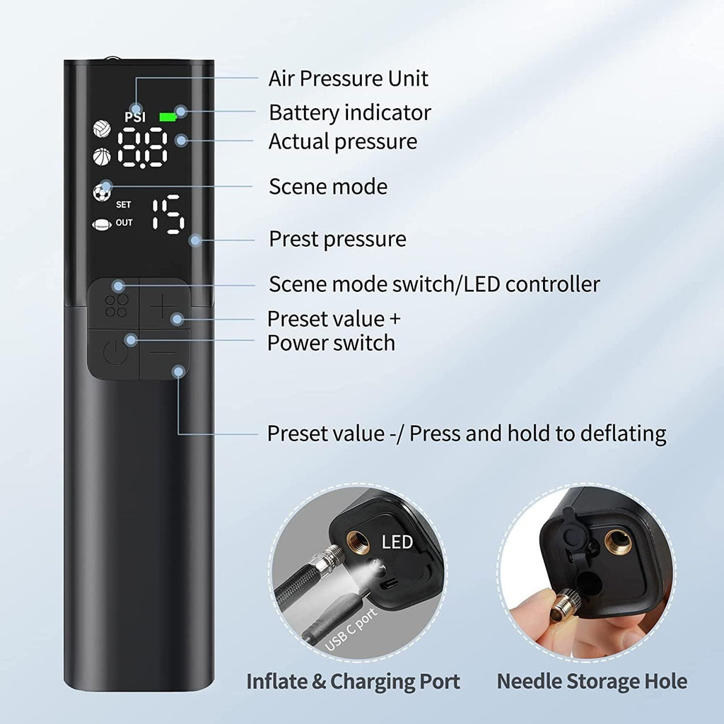 MY01 Electric Ball Pump with Inflation & Deflation, Accurate Pressure Gauge and 4 Preset Modes, Automatic Ball Pump for Basketball, Soccer, Football and Volleyball (Max 15 PSI)