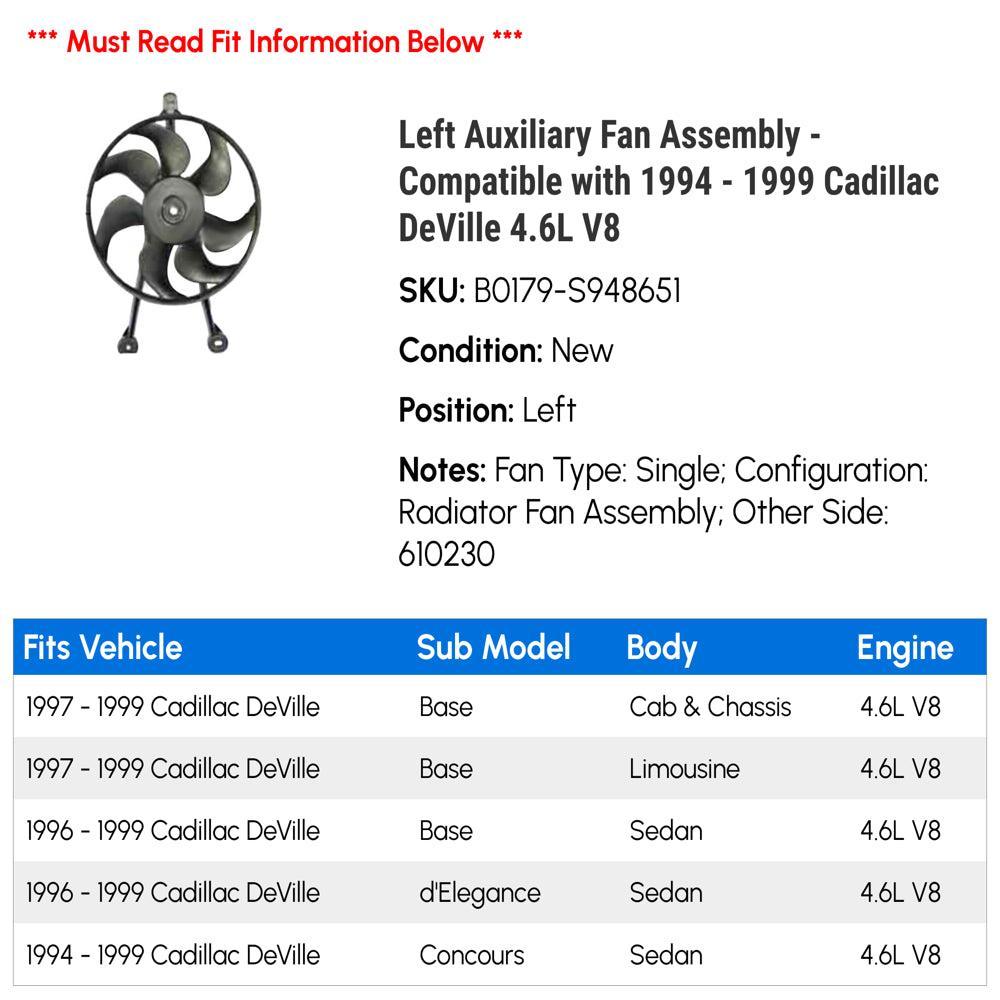 Left Auxiliary Fan Assembly - Compatible with 1994 - 1999 Cadillac Deville 4.6L V8 1995 1996 1997 1998