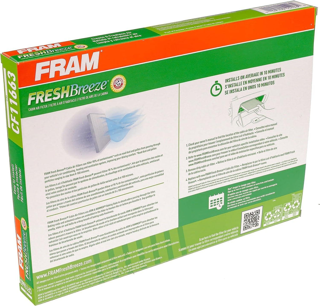 Fresh Breeze Cabin Air Filter with Arm & Hammer Baking Soda, CF11663 for Select Buick, Chevrolet, GMC and Saturn Vehicles, White