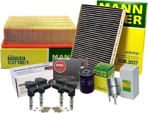 Premium Engine Carbon Cabin Air Oil Fuel Filters COP 4 Ignition Coils & 4 V-Power Spark Plugs Tune up Kit