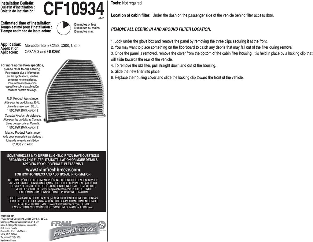 Fresh Breeze Cabin Air Filter Replacement for Car Passenger Compartment W/ Arm and Hammer Baking Soda, Easy Install, CF10934 for Mercedes-Benz Vehicles