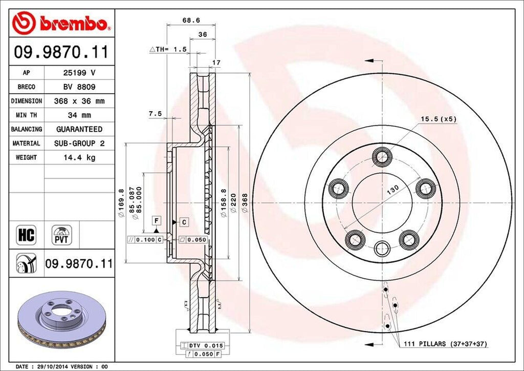 Brembo Front Disc Brake Rotor for 08 Cayenne (09.9870.11)