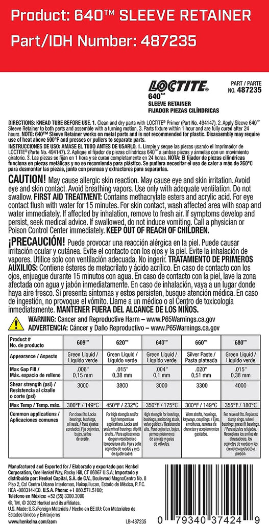 LOCTITE 640 High-Strength Sleeve Retainer, High-Temperature, High-Stength, Anaerobic Adhesive, for Large Diameter Components, Active Metals | Green, 6 Ml Tube (PN: 487235)