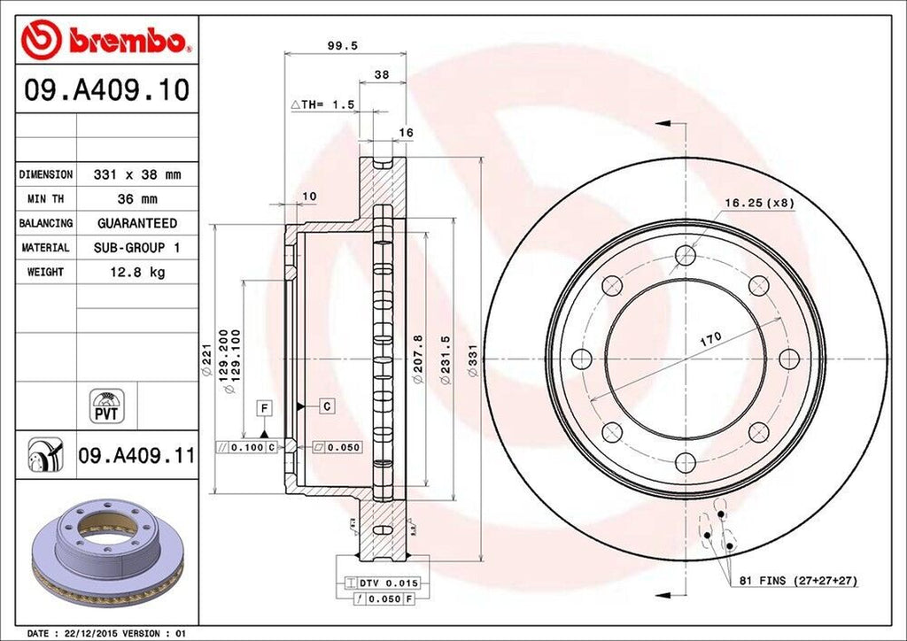 Brembo Front Disc Brake Rotor for Ford (09.A409.11)