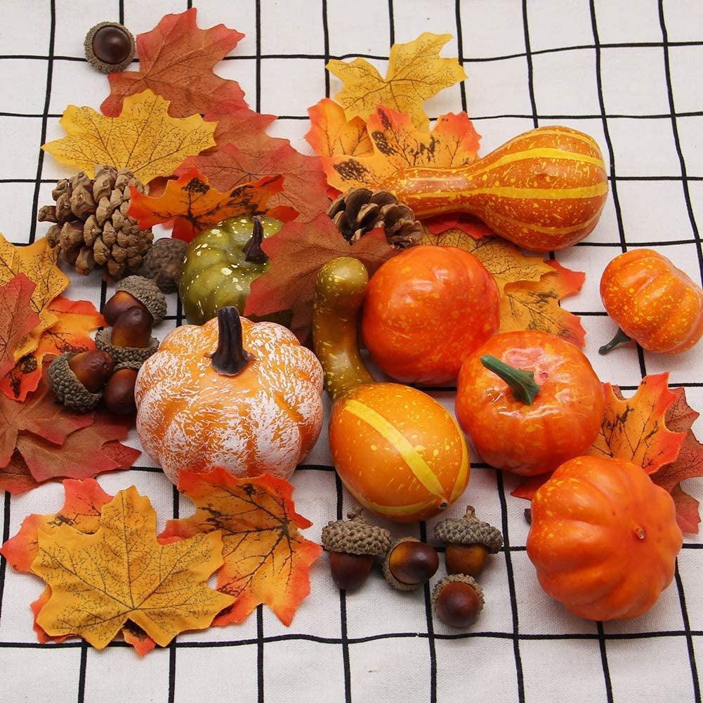 Winemana Thanksgiving Artificial Pumpkins Fall Decorations for Home, 50Pcs Fall Decor- 30 Fall Leaves, 10 Acorns, 2 Pinecones, 8 Fake Pumpkins, Harvest Farmhouse Table Tiered Tray Decorations Set