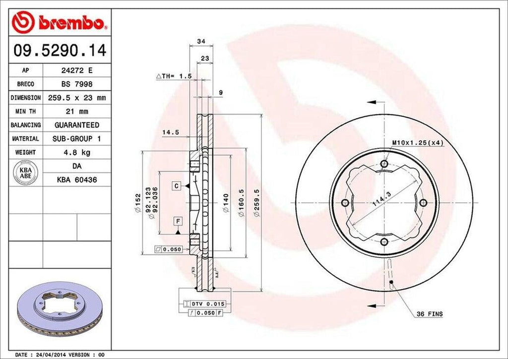 Brembo Front Disc Brake Rotor for CL, Accord (09.5290.14)