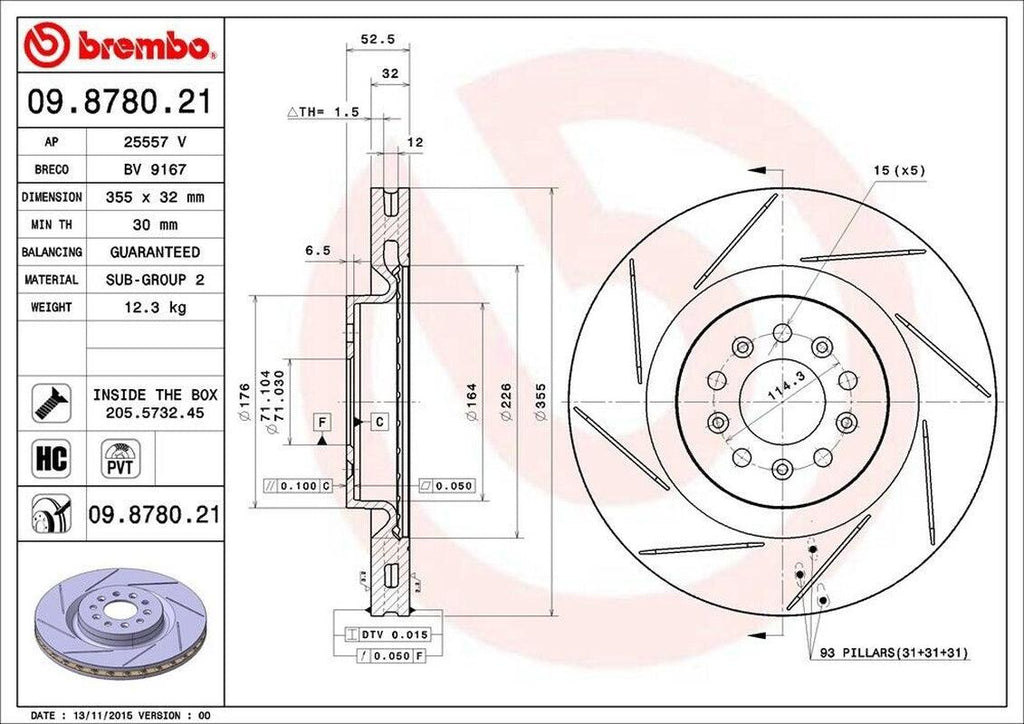 Brembo Front Disc Brake Rotor for 05-16 Aston Martin DB9 (09.8780.21)